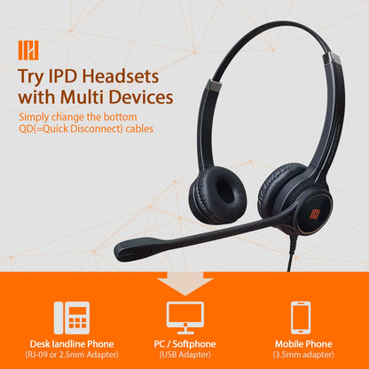 IPD IPH-255 Phone Headset with Noise Cancelling Microphone for Office and Call Center - Compatible with Yealink SIP,Snom, Greandsteam & LG landline Phones