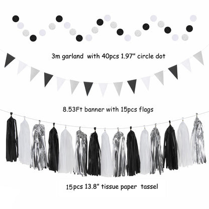 Black White-Silver Party-Decorations - 33pcs Kits Banner,Graduation Streamer Tassel Garland,Tissue Pom Poms Honeycomb,Paper Lantern Fans,Birthday Wedding Baby Bridal Shower New Years Decor Hugtmr