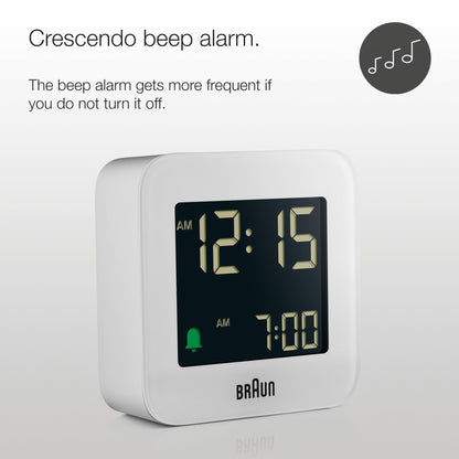 Braun Digital Travel Alarm Clock with Snooze, Compact Size, Negative LCD Display, Quick Set,Crescendo Beep Alarm in White, Model BC08W.