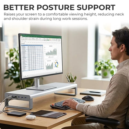OTM Essentials Aluminum Monitor Stand with 4 USB Ports, Non-Slip Padding & Tilted Surface, Slim Computer Monitor Riser for Laptop, PC & Gaming Desk Organizer, Silver Finish for Home & Office Setup