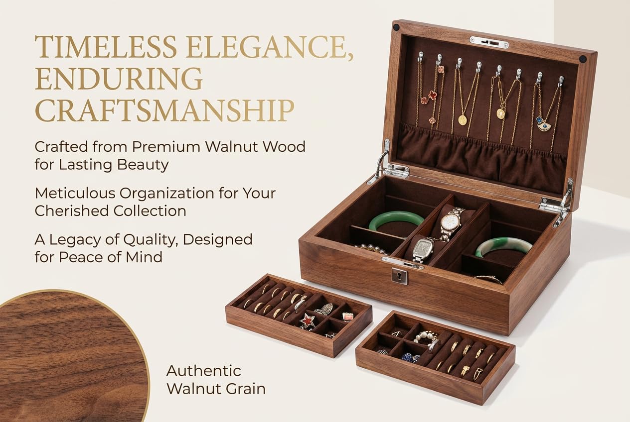 LIBOLXSP Black Walnut Jewelry Box with Privacy Lock Solid Wood Jewelry Organizer with Premium Velvet Lining Mid-Sized Keepsake Valet Box for Watches Rings Necklaces Cufflinks Unisex Gift for Men Women