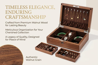 LIBOLXSP Black Walnut Jewelry Box with Privacy Lock Solid Wood Jewelry Organizer with Premium Velvet Lining Mid-Sized Keepsake Valet Box for Watches Rings Necklaces Cufflinks Unisex Gift for Men Women