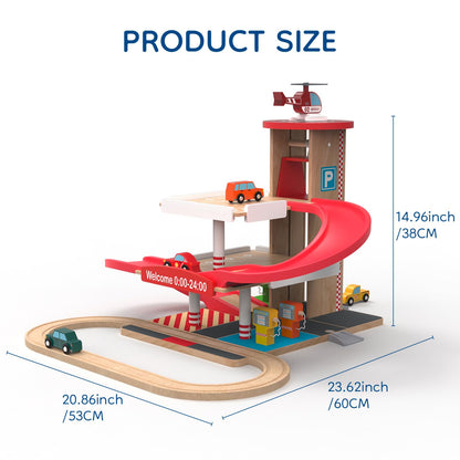 Letoiz Toy Car Garage with Rails, Wooden Parking Garage Toy Playset w/Elevator & Robot Walkie Talkie for Kids, 2 Pack Wooden Handheld Walkie-Talkie for Boys and Girls