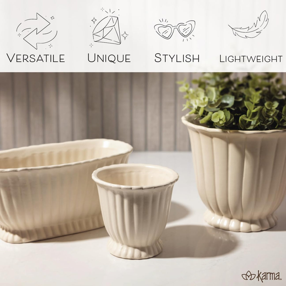 Karma, Modern Fluted Pot, Boho Small Plant Ceramic Pots, Modern Desk Decor, Office Planters, Small