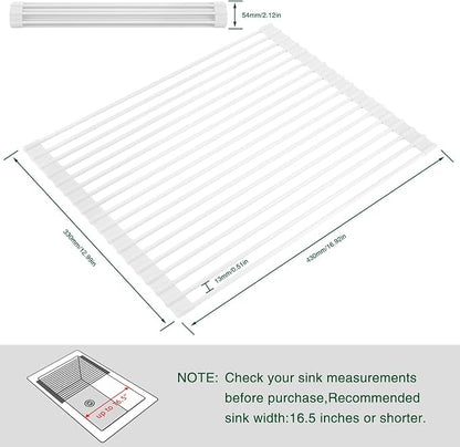 Hanzenma Roll Up Dish Drying Rack - Over The Sink, Multipurpose Foldable Sink Drying Mat, Heat-Resistant, Anti-Slip & Anti-Rust, 17" x 13", White