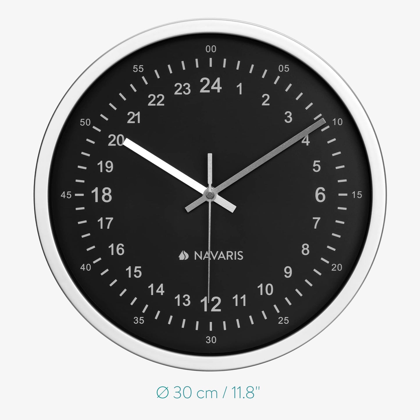 Navaris 24 Hour Wall Clock - 11.8" Analog Military Time Clock with Silent Movement Non-Ticking Hands - Battery Operated - Silver Frame with Black Face
