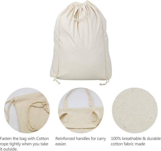 2 Pcs Canvas Laundry Bags with Carrying Handles & Drawstring Closure,