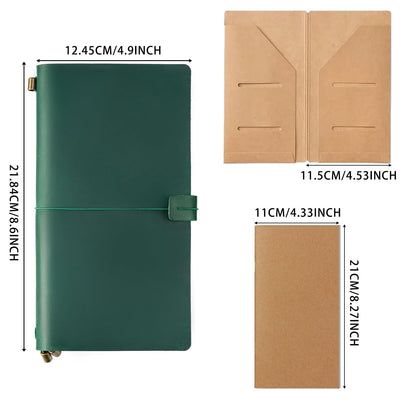 Ox Knight Refillable Leather Travelers Notebook, 8.6 x 4.9 Standard Size Travel Diary for Men and Women, Genuine Leather Travel Journal with 3 Notebook Inserts for Writing, Sketching & Planning, Green