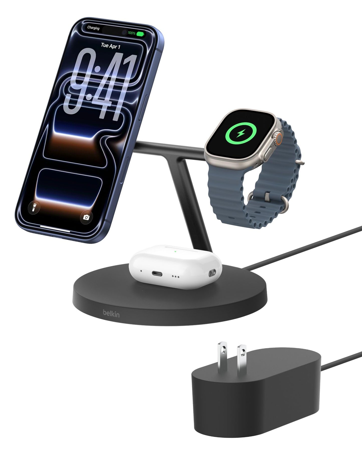 Belkin MagSafe-Compatible iPhone Charger, 3-in-1 Wireless Charging Station, Qi2-Certified 15W Wireless Charge for Apple iPhone 17 Series, Apple Watch, AirPods w/Non-Slip Base, 40W Included - Black