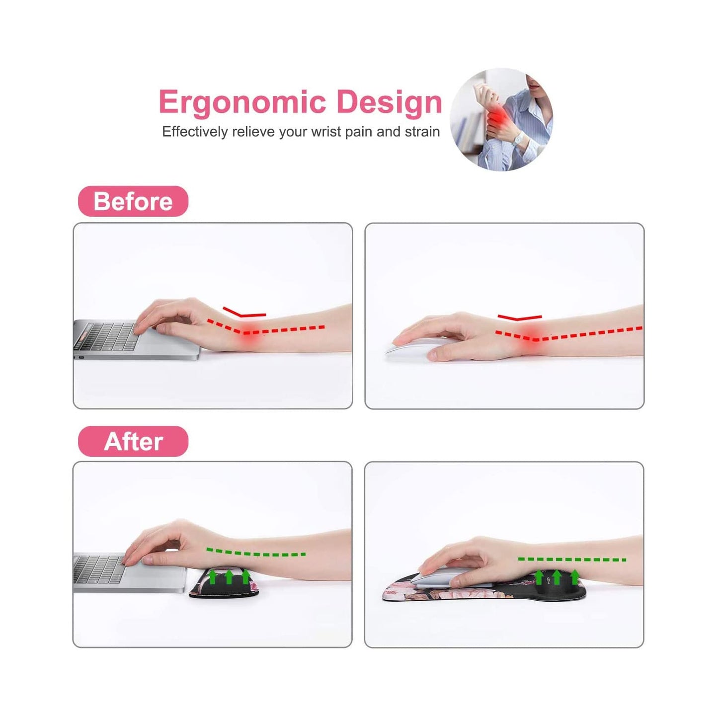 MOSISO Wrist Rest Support for Mouse Pad & Keyboard Set, Peony Ergonomic Mousepad Non-Slip Base Home/Office Pain Relief & Easy Typing Cushion with Neoprene Cloth & Raised Memory Foam, Black