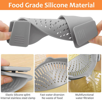 YEVIOR Clip on Strainer for All Pots Pan,Silicone Pasta Strainer Kitchen Gadgets,Collapsible Colander for Noodle,Vegetables,Fruit,Spaghetti (Grey)