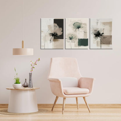 Neutral Abstract Floral Wall Art Set of 3 – Modern Beige & Black Minimalist Canvas Prints, Contemporary Large Flower Posters for Living Room Bedroom Bathroom Office Home Decor, Framed 24x16 Inch