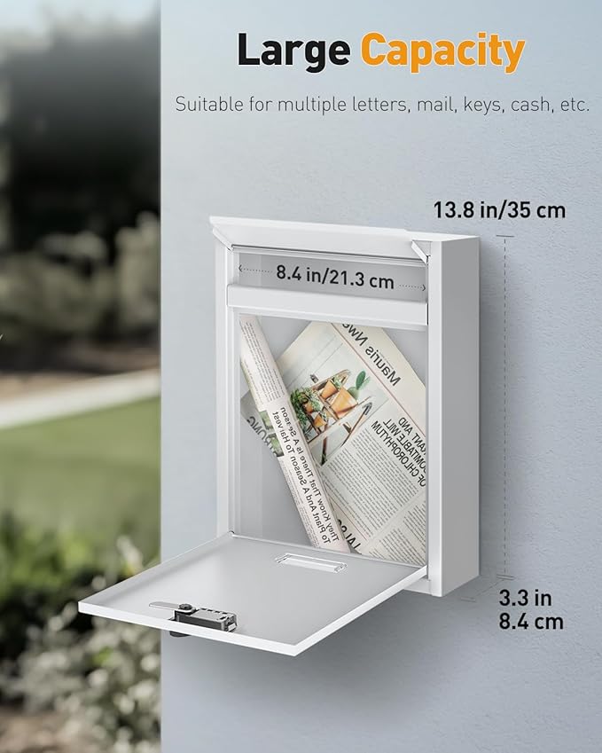 Uniclife Wall Mount Mailbox for Outside, Large Locking Mailbox with Combination Lock, Security Mail Box for House, Safe Key Drop Box, Post Box, Steel Cash Drop Box for Home Office School, White