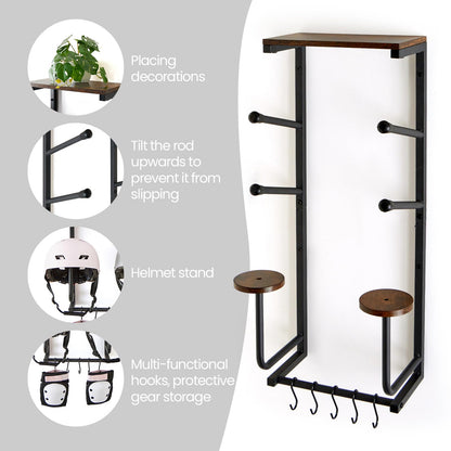 Skateboard Wall Mount Rack with Wood Shelf — 2-Board Display Hanger for Longboard & Skateboard Deck, 2 Round Wooden Helmet Holders & 5 Hooks, Steel & Wood, Home Bedroom Garage Organizer (Black)