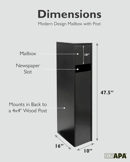 Modern Mailbox with Post - Residential Mailboxes for Outside Post Mount, Large Mail Box and Posts Combo Kit with Newspaper Package Slot, Magnetic Door, Powder Coated, Works with 4x4 or 6X6 Wood