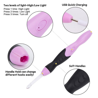Vidillo Crochet Hooks Lights Set with Case, Ergonomic Rechargeable Lighted Hooks,9 Interchangeable Heads Hooks with a Crochet Hooks Case, Knitting Knit Needles Weave Yarn Sewing DIY Craft (Purple)