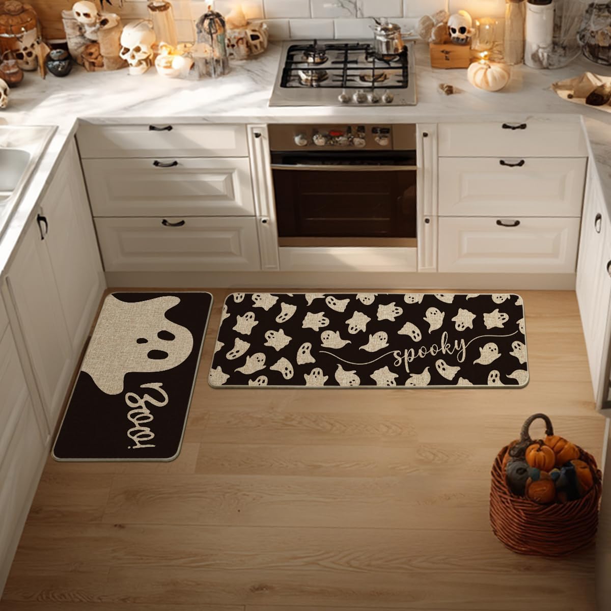 Artoid Mode Spooky Ghosts Boo Halloween Kitchen Mats Set of 3, Black Home Decor Low-Profile Kitchen Rugs for Floor - 17"x29"+17"x36"+17"x47"