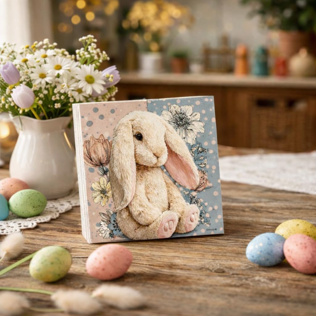 Easter Bunny Wooden Block Sign, Cute Floral Spring Farmhouse Decor Shelf Sitter for Table Mantel Tiered Tray, Pastel Easter Home Accent Gift