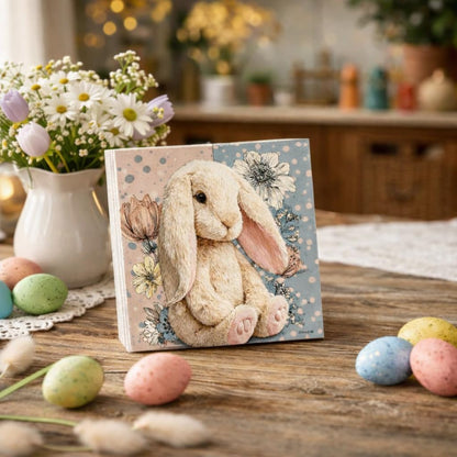 Easter Bunny Wooden Block Sign, Cute Floral Spring Farmhouse Decor Shelf Sitter for Table Mantel Tiered Tray, Pastel Easter Home Accent Gift