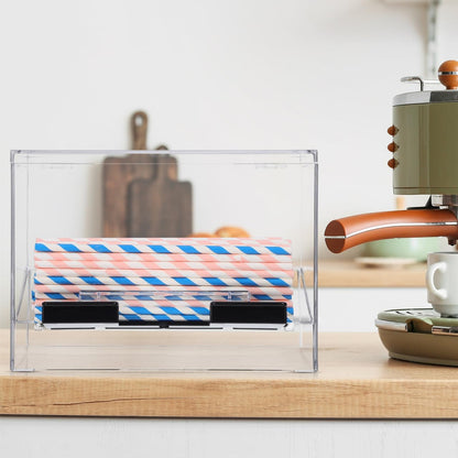 Cabilock Clear Acrylic Straw Dispenser Box 9X6.7X4.3 Inches Press Type Straw Organizer for Countertop Use in Restaurants Cafes and Snack Bars with Non-Slip Base