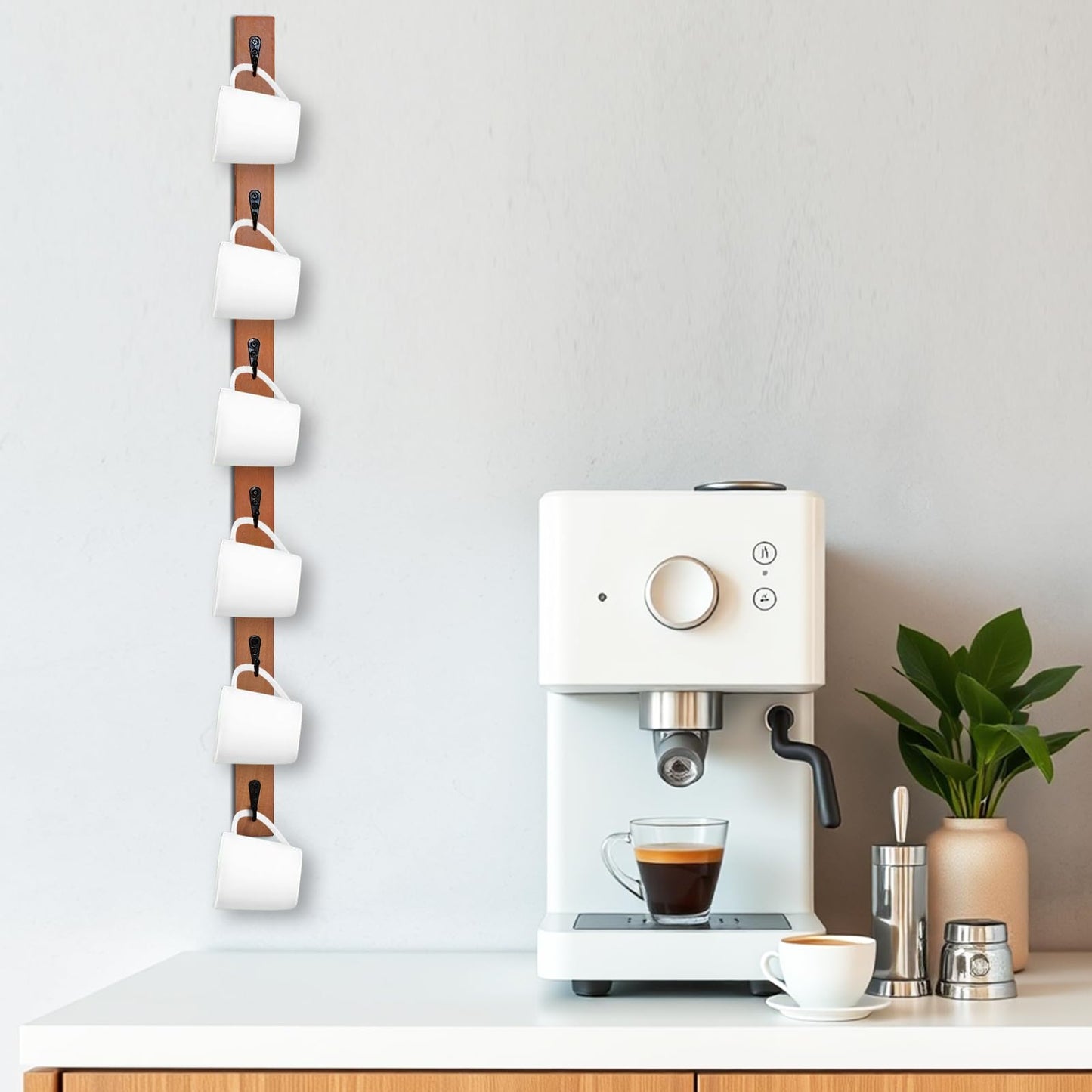 Scandinavian Style Solid Beech Hardwood Mug Rack - 6-Hook Wall-Mounted Coffee Cup Holder, Space-Saving Organizer for Kitchen/Coffee Bar/Room, Perfect Storage for Cups/Hats/Bags(Brown)
