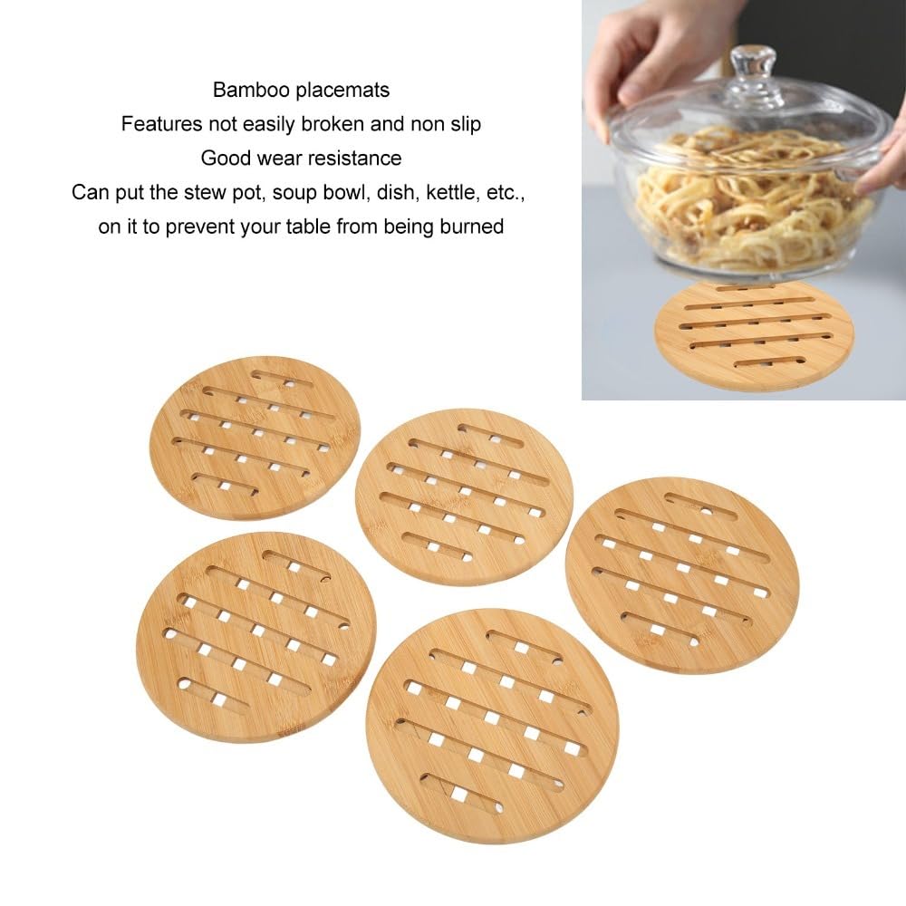 Anu Limen 5 Pcs Wooden Trivet Set - Heat Proof Hot Pads for Pots and Bowls, Non-Slip Insulation Mats for Kitchen Table Protection(Round)