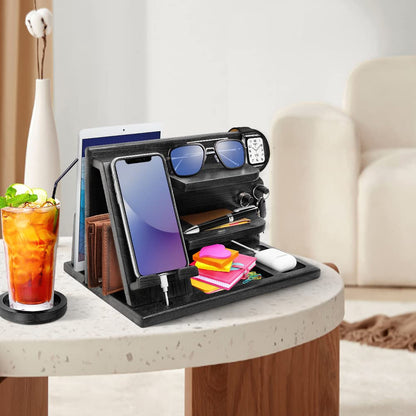 Wood Phone Docking Station - Gifts for Men Desk or Nightstand Organizer - Birthday Gifts for Husband, Fathers Day for Dad - Anniversary Idea from Wife - Key Holder, Stand Wallet, Watch & Essentials