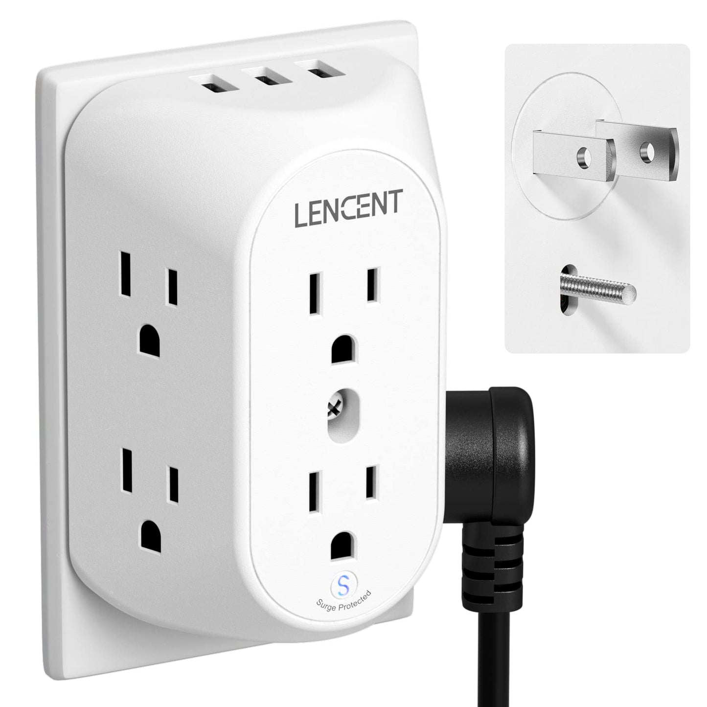 LENCENT 2 Prong Power Strip, 3 to 2 Prong Grounding Outlet Adapter 6 Outlet 1 Type C&2 USB 3.4A, Polarized Plug, 1728J Surge Protector, 3-Sided Wide Spaced Extender,Wall Mount for Non-Grounded Outlet