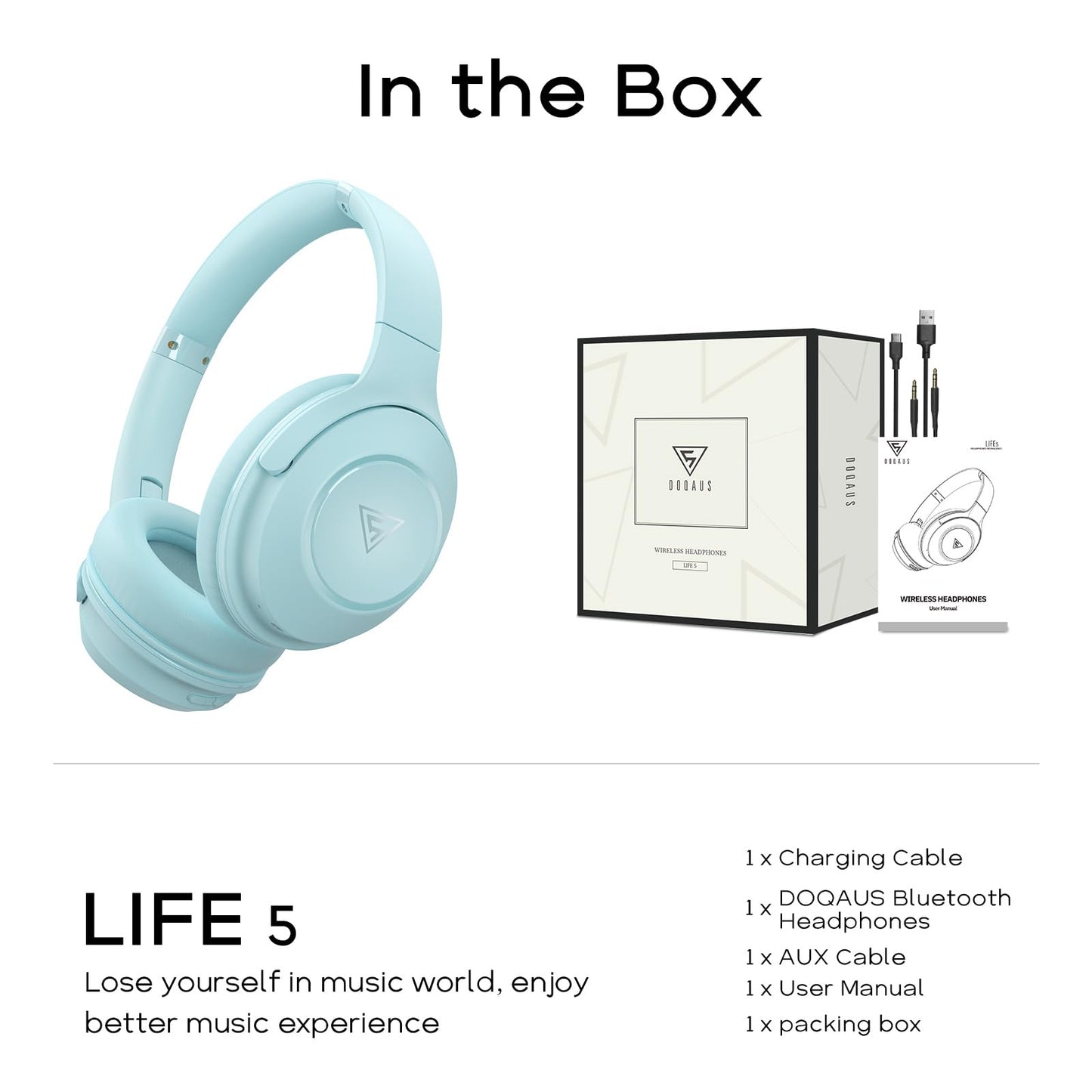 DOQAUS Bluetooth Headphones Over The Ear Wireless, 70H Playtime, 3 EQ Modes, HiFi Stereo with Deep Bass, Memory Foam Comfort for Travel, Gym, Workout, Phone, PC Stocking Stuffers