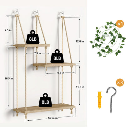 Hanging Shelves for Wall with Vine Lights 3 Tier Boho Wall Shelf Macrame Floating Shelves Rope Rustic Wood Organizer Storage Hanger Rack Decor Aesthetic for Succulents Kitchen Bedroom Bathroom
