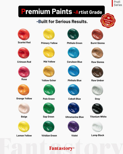 Fantastory Acrylic Paint Set, 24 x 60 ml with 12 Brushes; Christmas Acrylic Paint, Waterproof; For Artwork & DIY Projects on Canvas, Wood, Glass, Clay, Fabric, Ceramic, Paper, Canvas