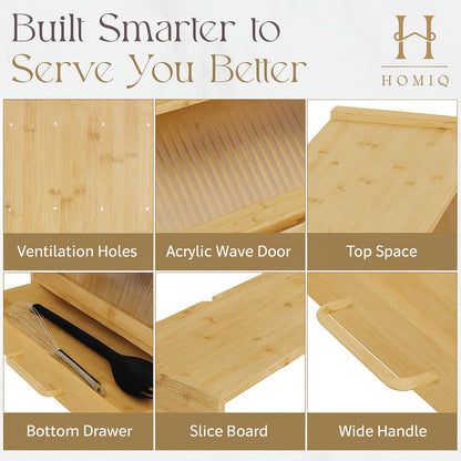 HOMIQ Bread Box for Kitchen Countertop - Bamboo Wood Breadbox with Knife Storage, Ventilation Holes - Farmhouse Loaf Organizer, Versatile 2 Layer Bread Storage Container for Snacks Mugs Spices