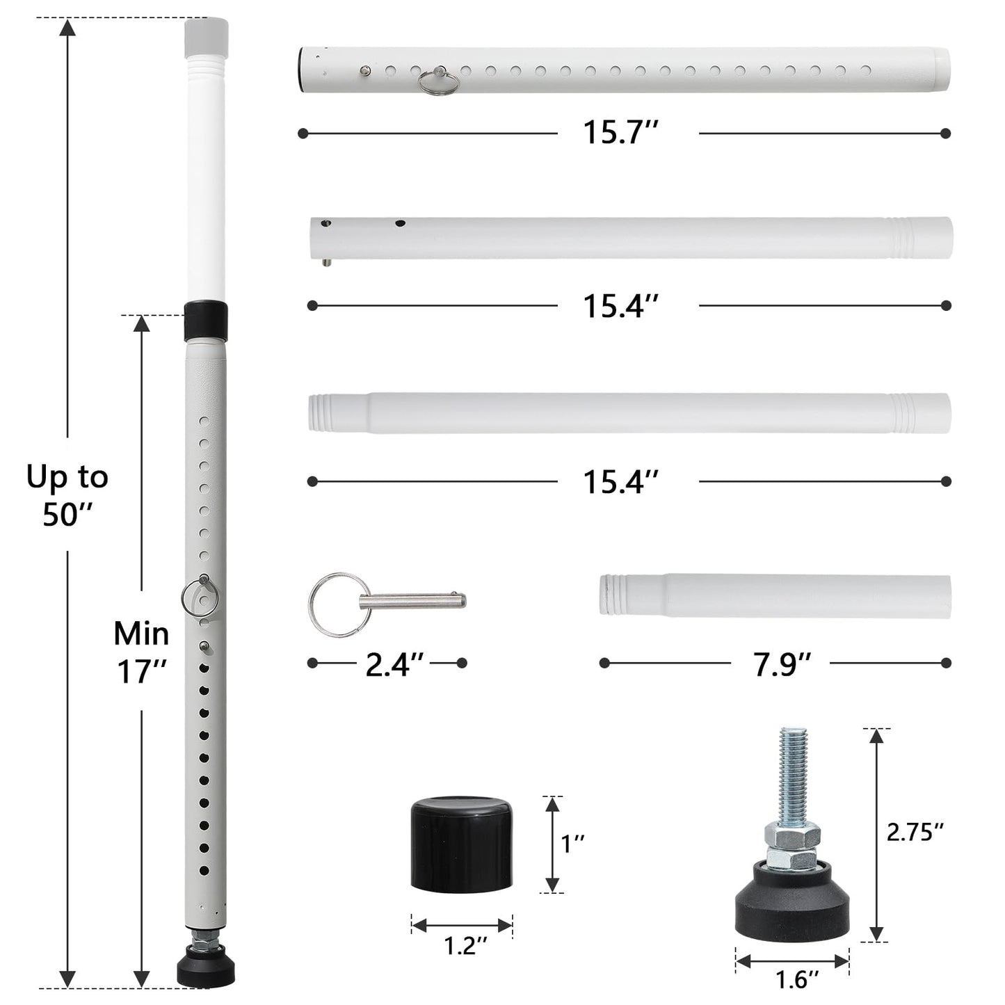 DIIG Sliding Door Security Bar，17.7-50.5inch Adjustable Locking Window Safety Bar with Rubber Tips,Diameter 1inch Window Security Bar for Home Apartment Travel (White)