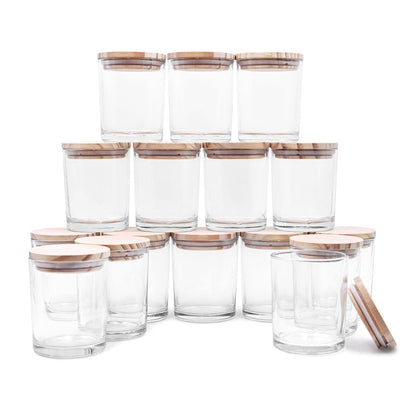 Thick Candle Jars for Making Candles 16 Pcs, 7 OZ Empty Jars with Wood Lids for Candle Making, Sample Container, Clear