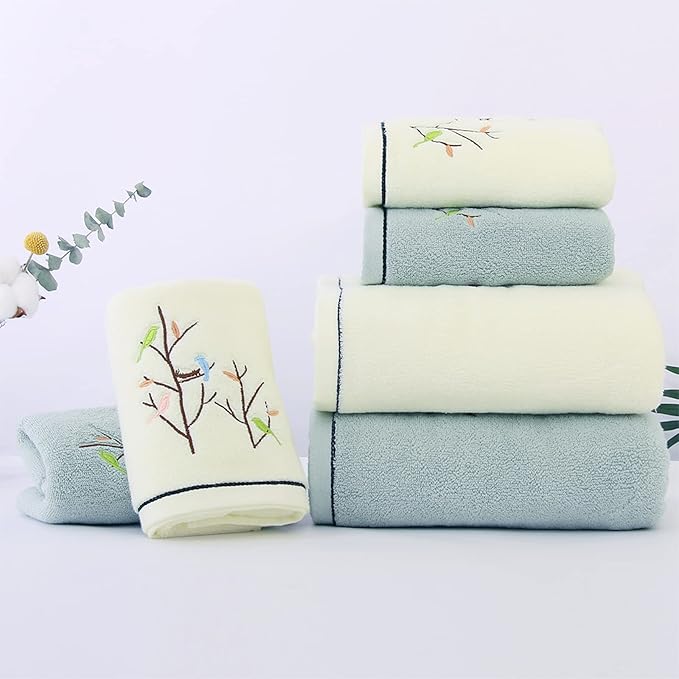 Pidada Bath Towel Embroidered Bird Tree Pattern 100% Cotton Soft Absorbent