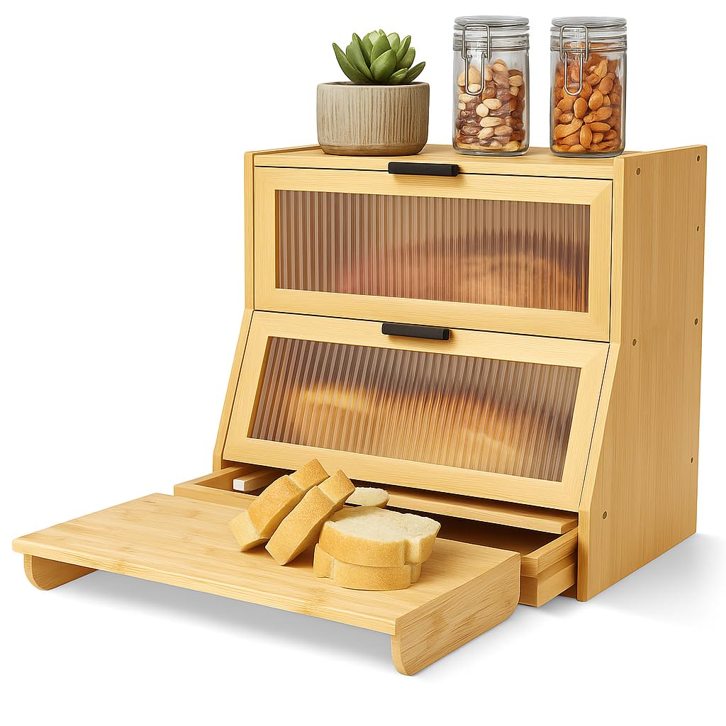 HOMIQ Bread Box for Kitchen Countertop - Bamboo Wood Breadbox with Knife Storage, Ventilation Holes - Farmhouse Loaf Organizer, Versatile 2 Layer Bread Storage Container for Snacks Mugs Spices