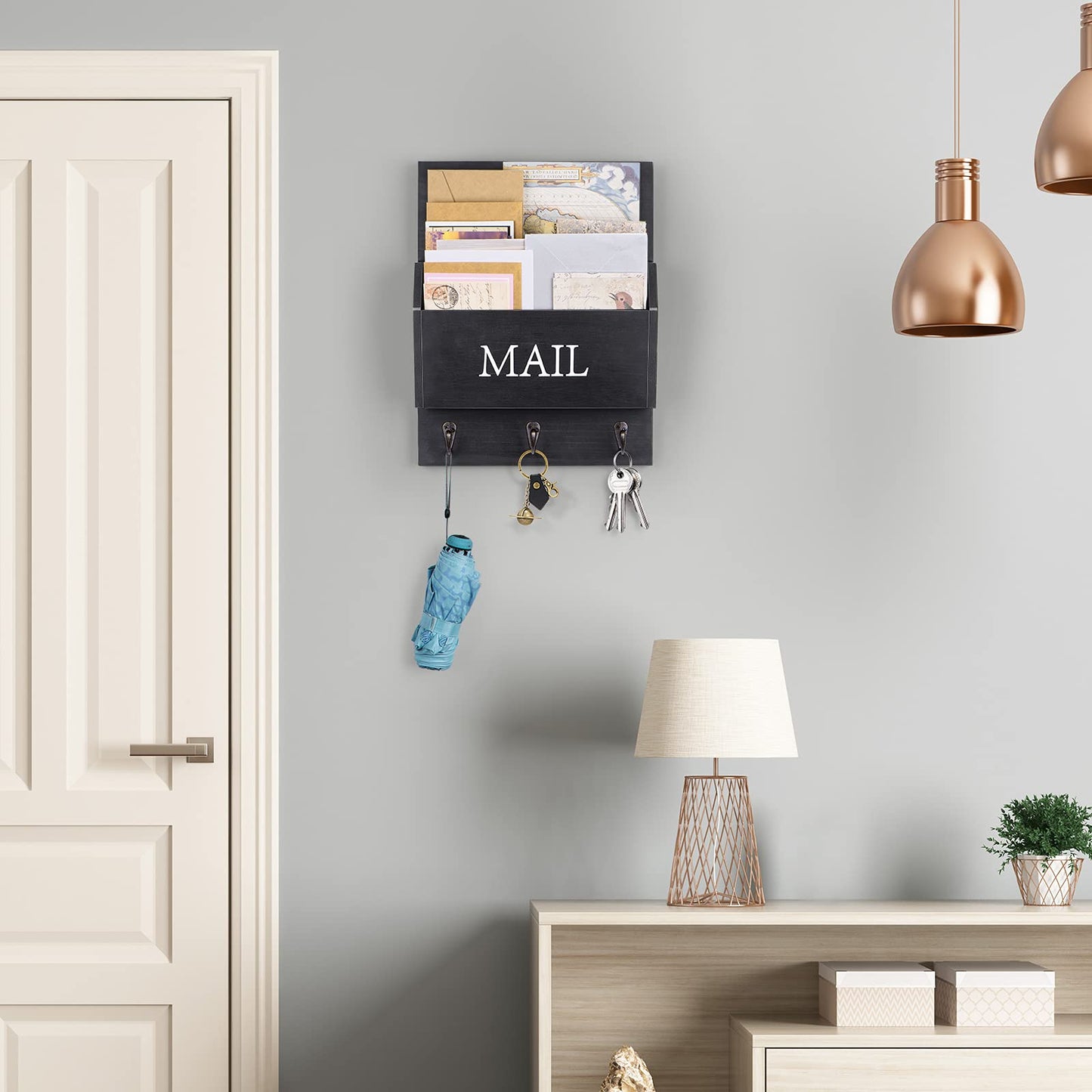DLQuarts Mail Organizer with Key Holder for Wall, Mail Sorter Wall Mounted, Decorative Wooden Key and Mail Holder with 3 Hooks, Black