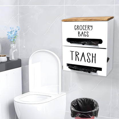 Liuceny 2 in 1 Trash Bag Dispenser, Double Wall Mounted,Wood Trash Bag Holder, used in kitchen, garage, laundry room, can store Environmentally friendly food bags and garbage bags (White)