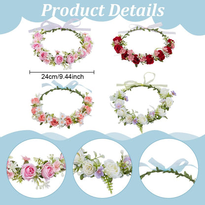 ACRNIGHEET 4 Sets DIY Flower Crown Making Kit, Fairy Party Favors Floral Headband, Make Your Own Crown Garland Headband, Rose Flowr Crowns Kit for Princess Women Wedding Birthday Part