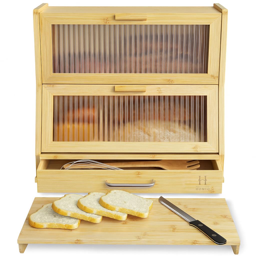 HOMIQ Bread Box for Kitchen Countertop - Bamboo Wood Breadbox with Knife Storage, Ventilation Holes - Farmhouse Loaf Organizer, Versatile 2 Layer Bread Storage Container for Snacks Mugs Spices