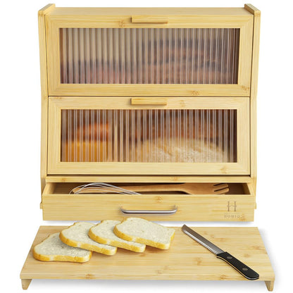 HOMIQ Bread Box for Kitchen Countertop - Bamboo Wood Breadbox with Knife Storage, Ventilation Holes - Farmhouse Loaf Organizer, Versatile 2 Layer Bread Storage Container for Snacks Mugs Spices