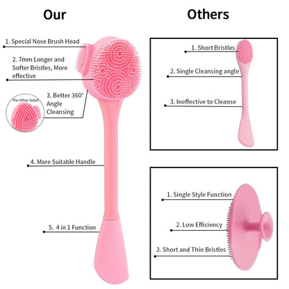 Silicone Facial Cleansing Brush 3 Pack, Beomeen 4 in 1 Handheld Face Scrubber for Deep Gentle Exfoliating, Double-Ended Face Wash Scrub Brush for Face Skincare and Massage (Green)