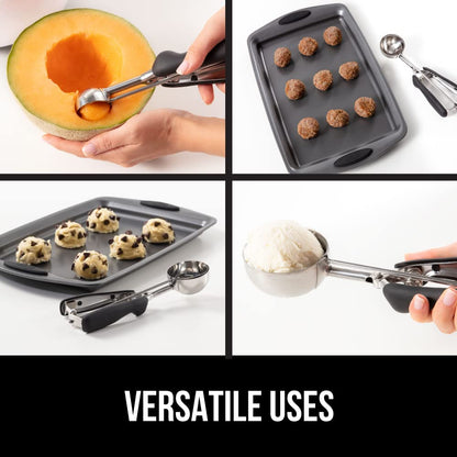 GORILLA GRIP Stainless Steel Cookie Scoop for Baking, 2 TBSP, Multipurpose Melon Baller, Meatball Spring Scoops, Perfect Portion Sizes, Easy Food Release, Scooper Size 40, BPA-Free Kitchen Tool, Black