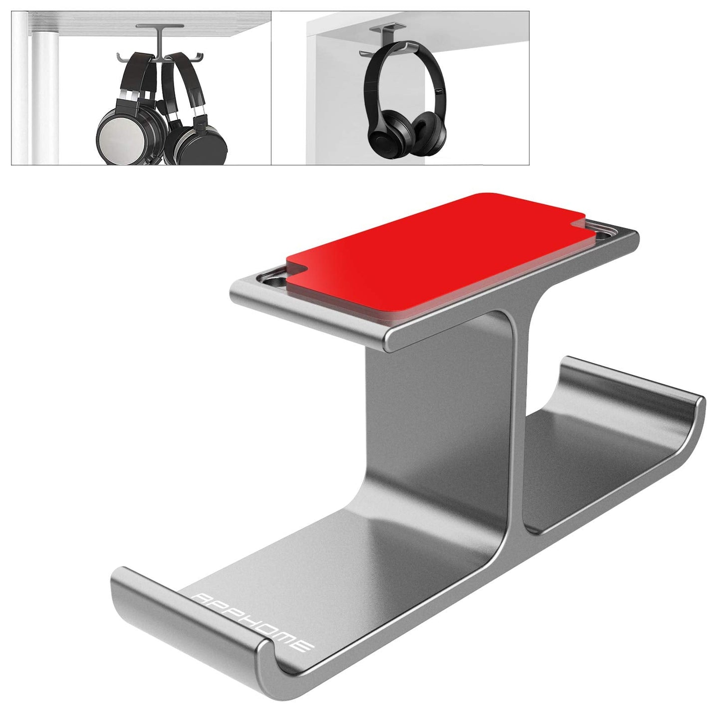 APPHOME Headphone Hanger Stand Under Desk Hook Aluminum Stick-On Adhesive Dual Headsets Holder Mount PC Gaming Accessories for All Headphones