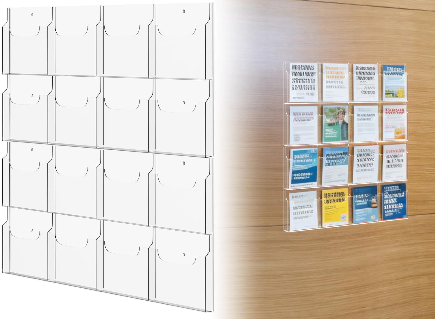 Acrylic Brochure Pamphlet Holder, 16 Magazine Holders, Clear Brochure Display Stand Wall Mount, Trifold Flyer Rack, Literature Storage Rack for Home, Offices, Waiting Room
