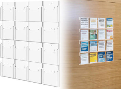 Acrylic Brochure Pamphlet Holder, 16 Magazine Holders, Clear Brochure Display Stand Wall Mount, Trifold Flyer Rack, Literature Storage Rack for Home, Offices, Waiting Room