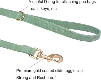 Soft Corduroy Dog Collar and Leash Set Adjustable Durable Dog Collars with Metal Buckle and Lead for Medium Dogs,Grass Green