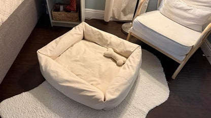 Rectangular Natural Cotton Canvas Dog Bed with Raw Cotton Insert – Eco Friendly Pet Bed with Removable Washable Cover, Breathable Cushion for Dogs & Cats (Natural, Small 24" × 18" × 6")
