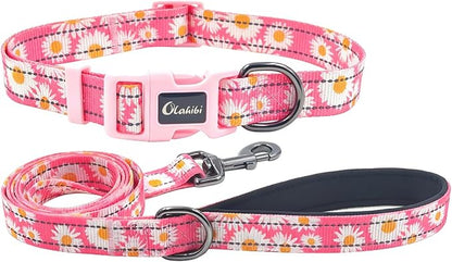 Dog Collar Leash Set, Floral Pattern, with Safety Reflective Strips, 5 ft Matching Leash, Neoprene Padded Handle, Adjustable 4 Sizes for Small Medium Large Dogs.(XS, Pink Daisy)