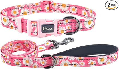 Dog Collar Leash Set, Floral Pattern, with Safety Reflective Strips, 5 ft Matching Leash, Neoprene Padded Handle, Adjustable 4 Sizes for Small Medium Large Dogs.(S, Pink Daisy)